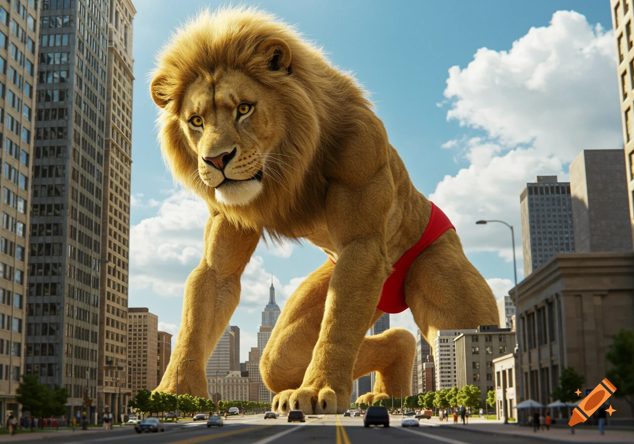 A photorealistic gigantic lion wearing a red speedo kneels in a city street, towering over buildings and cars.