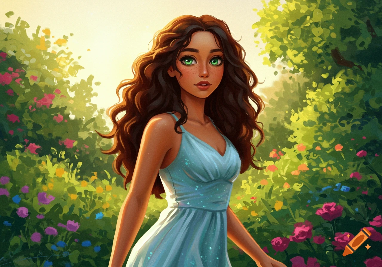 A stylized digital painting of a young woman with long brown curly hair and green eyes, wearing a light blue sundress, walking through a vibrant garden bathed in sunlight.