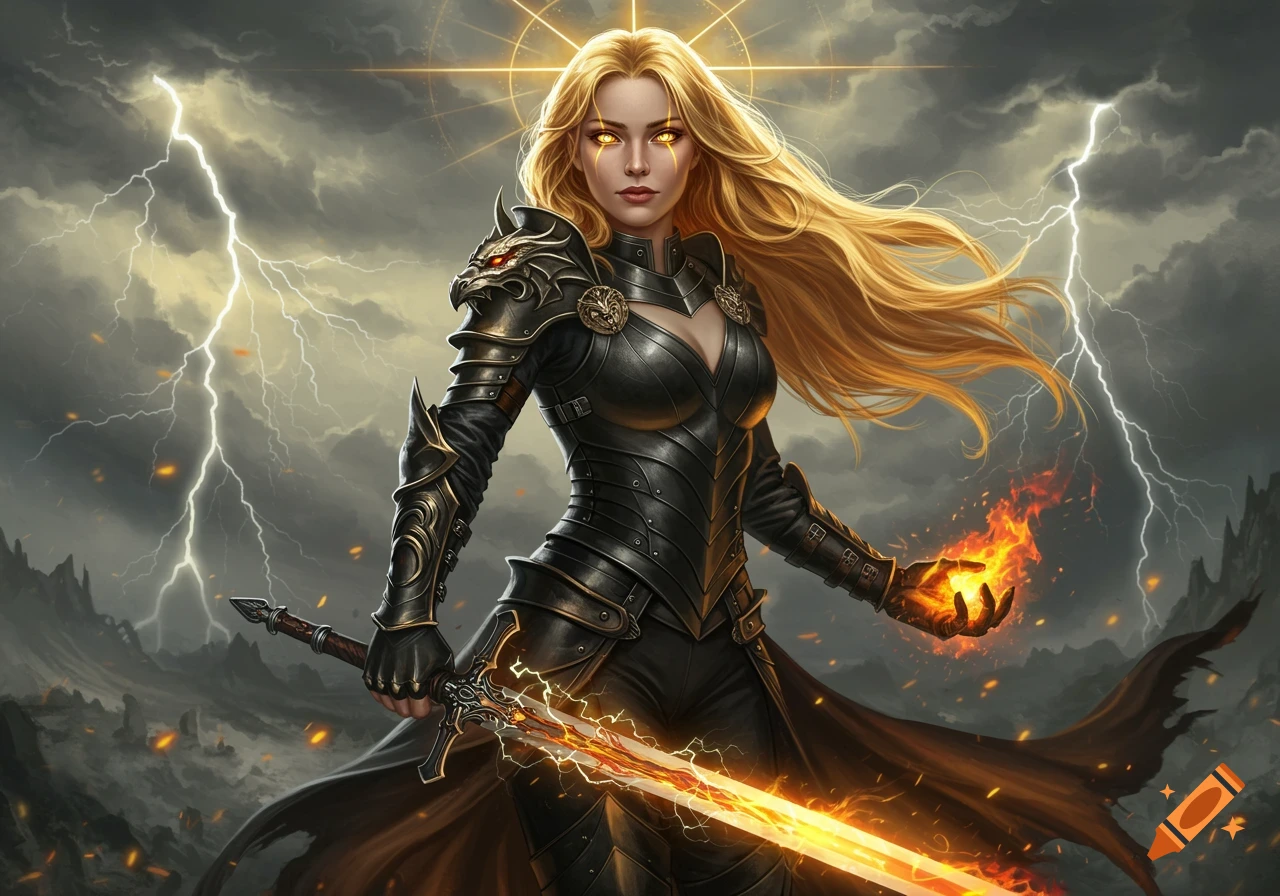 A powerful blonde woman warrior in black armor holds a glowing sword and fiery hand in a stormy, lightning-filled landscape.