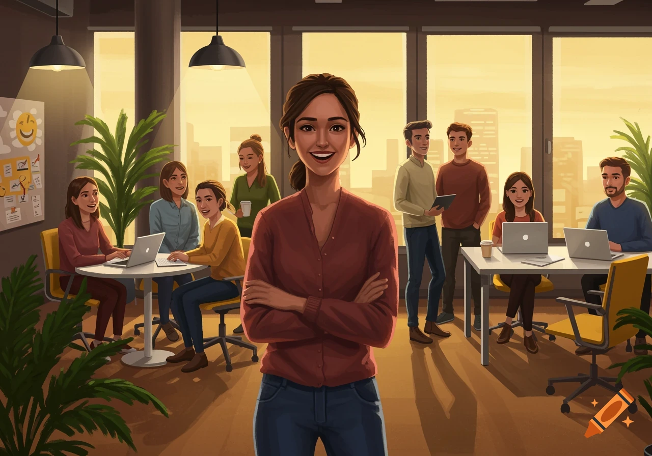 Illustrative image of a diverse group of smiling colleagues working and interacting in a sunlit modern office.