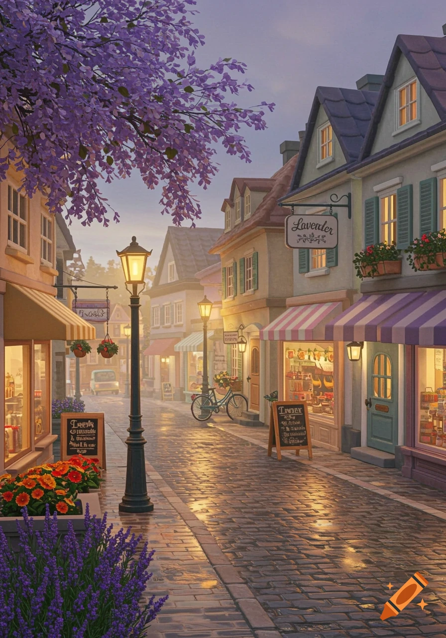A charming street scene at dusk, with purple flowering trees, lit lampposts, and shops with glowing windows.