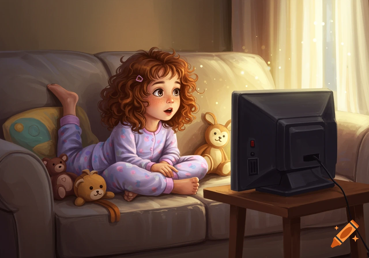 An illustrated young girl with curly hair, wearing pajamas, intently watches a TV while sitting on a couch with stuffed animals.