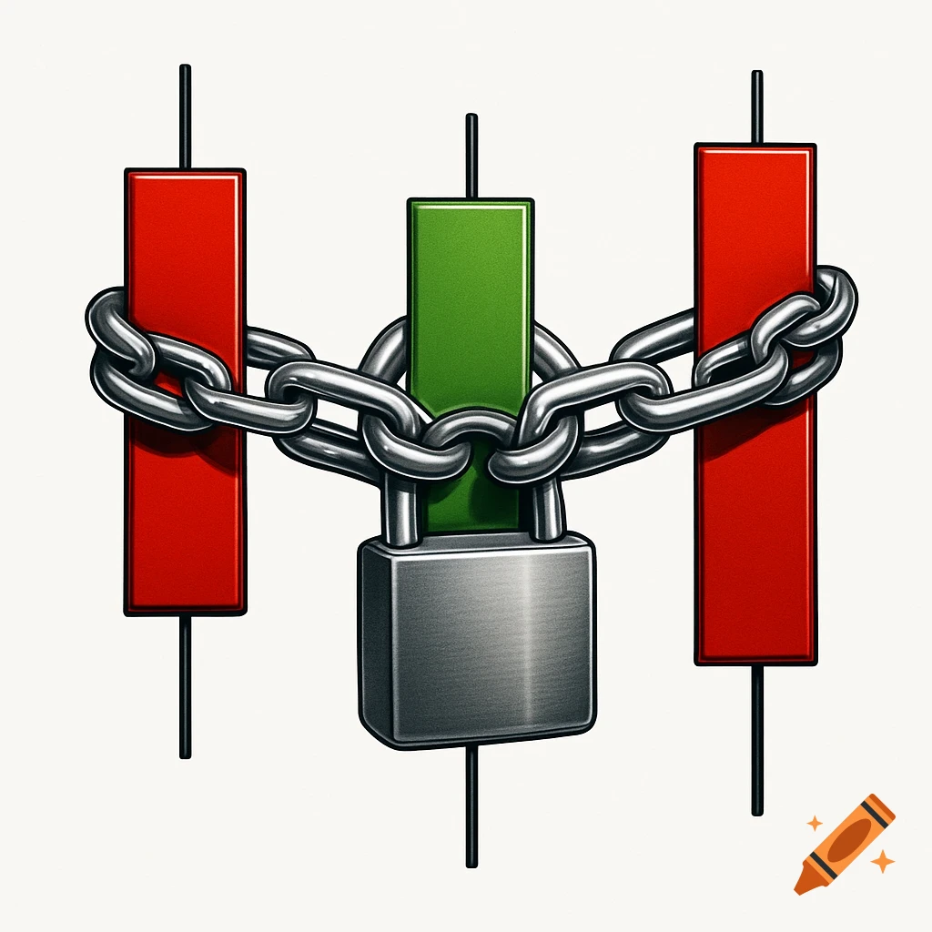 Three illustrative candlestick charts, two red and one green, chained together with a padlock against a white background.