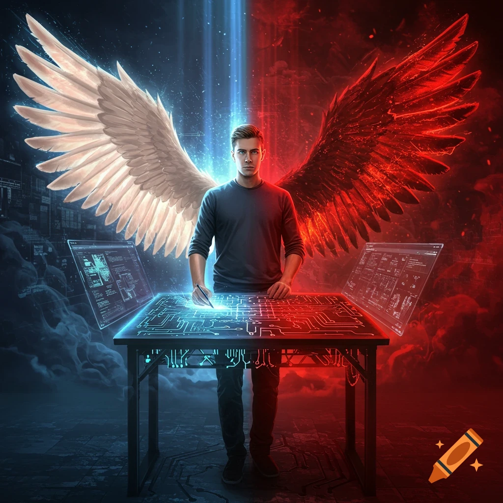 A man with one white angel wing and one red devil wing stands at a glowing tech table, in a split blue and red background, representing a software architect.