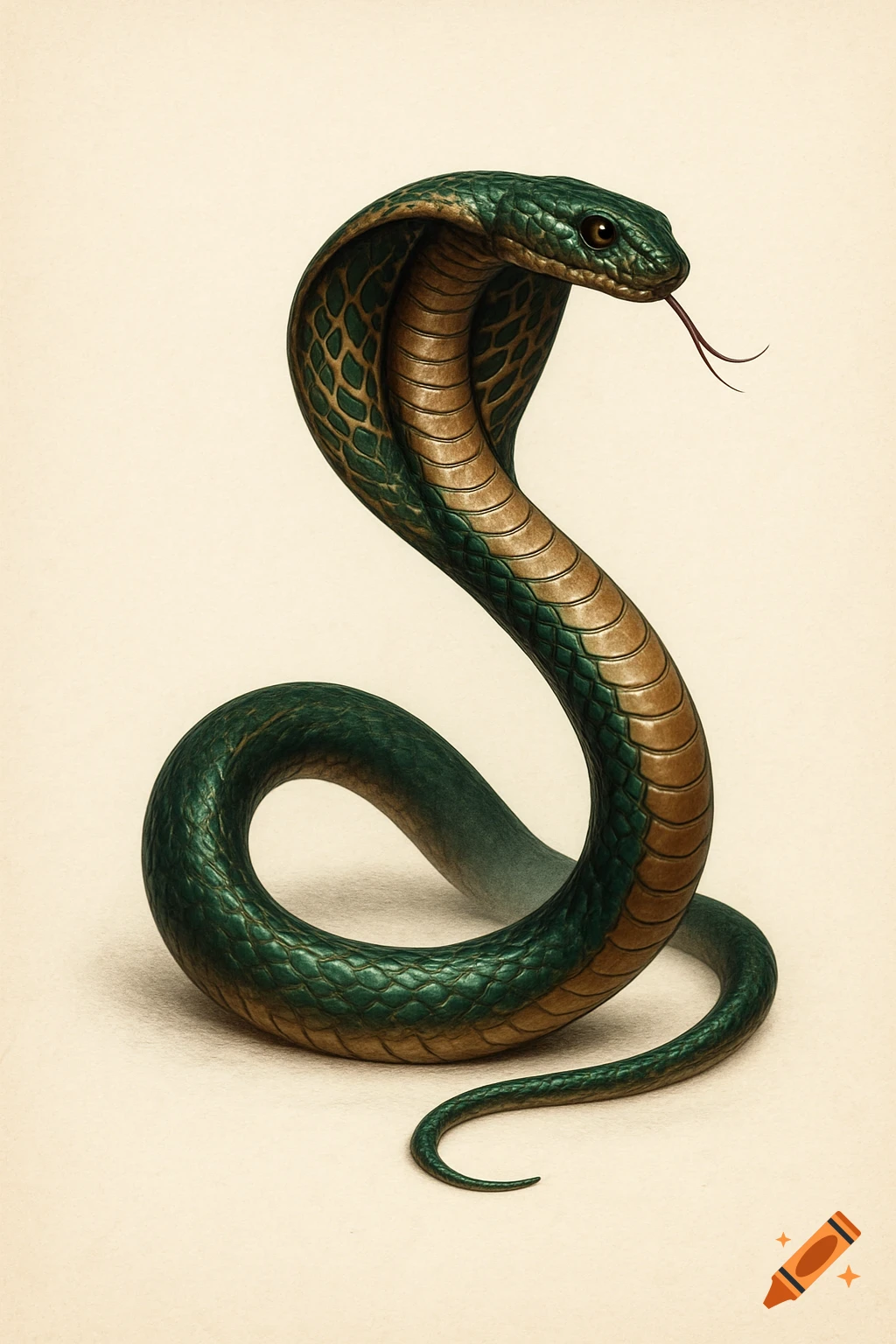 A detailed illustration of a green and gold cobra coiled into an S shape, with its hood spread.