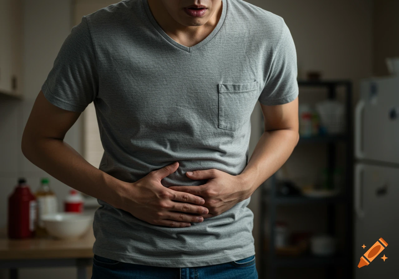 A man in a grey t-shirt stands in a kitchen, holding his stomach in discomfort, appearing to have stomach pain.