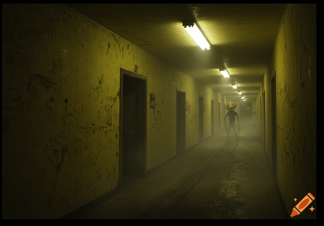 A long, yellow, dimly lit hallway with many doors, and a tall, shadowy figure with a glowing yellow smiley face at the end. The walls are cracked and dirty.
