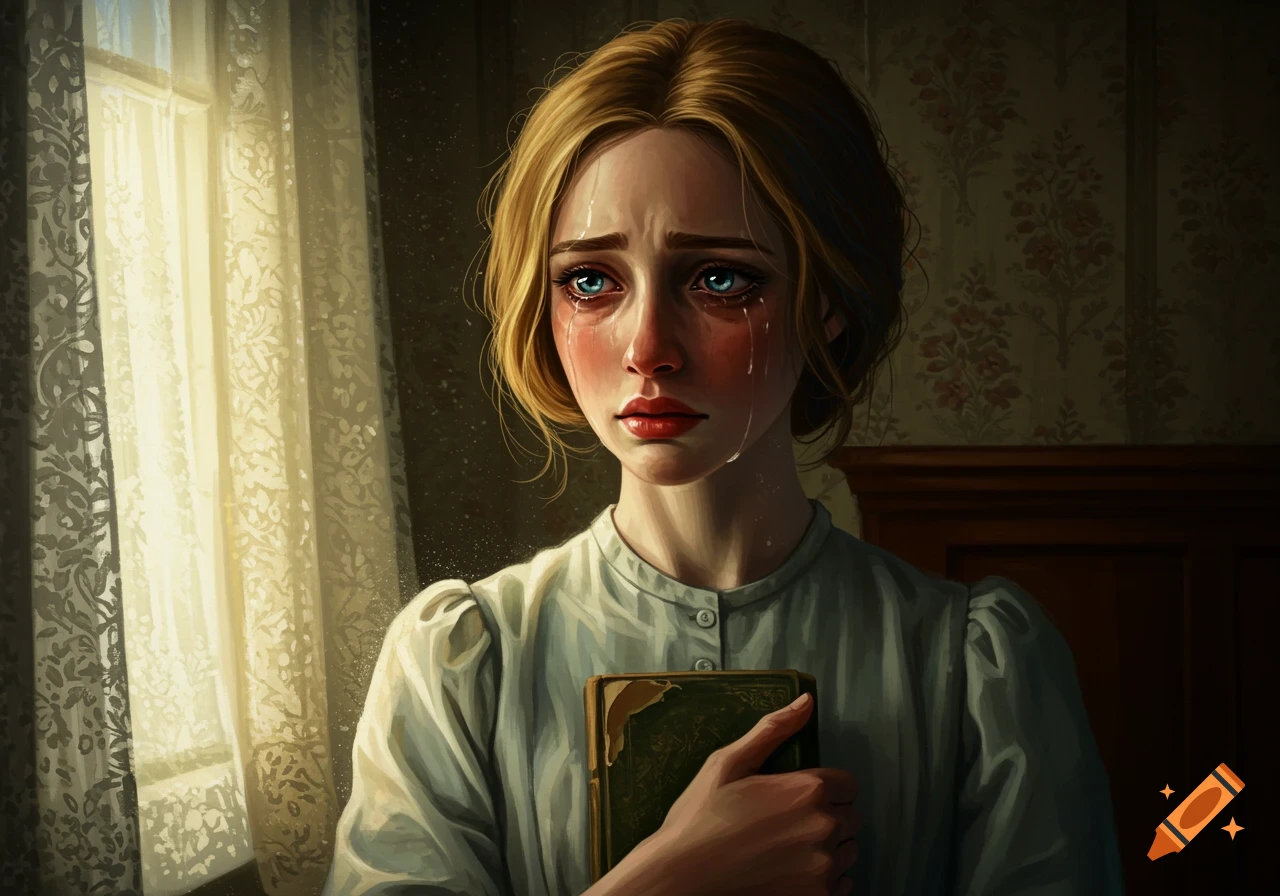A crying woman with blonde hair in a period dress holds a book while standing by a window, bathed in soft light.