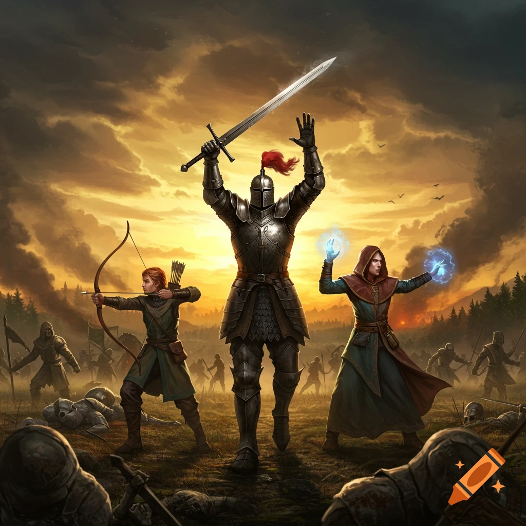 A fantasy battlefield scene at sunset with a knight, archer, and wizard, surrounded by fallen and fighting soldiers.
