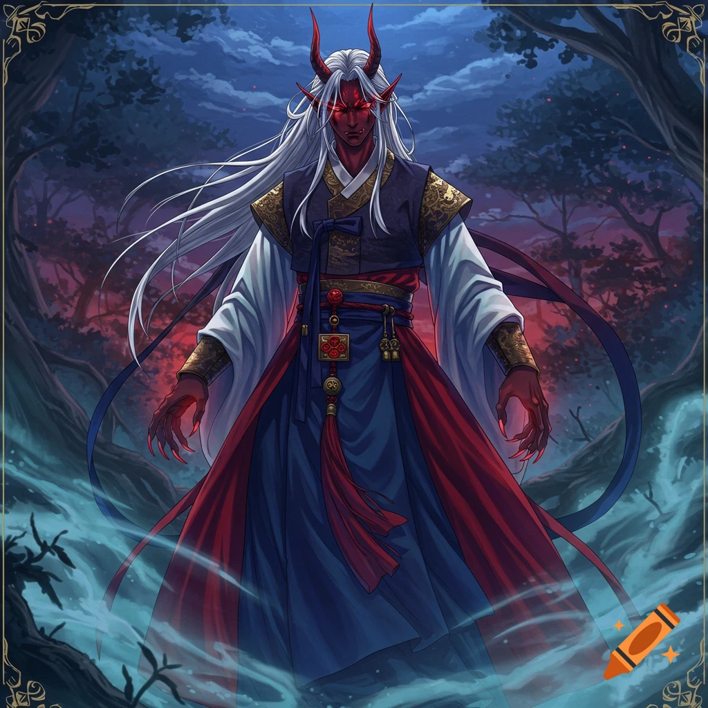Anime drawing of a red-skinned, white-haired demon with horns in a blue and red hanbok, standing in a dark forest.