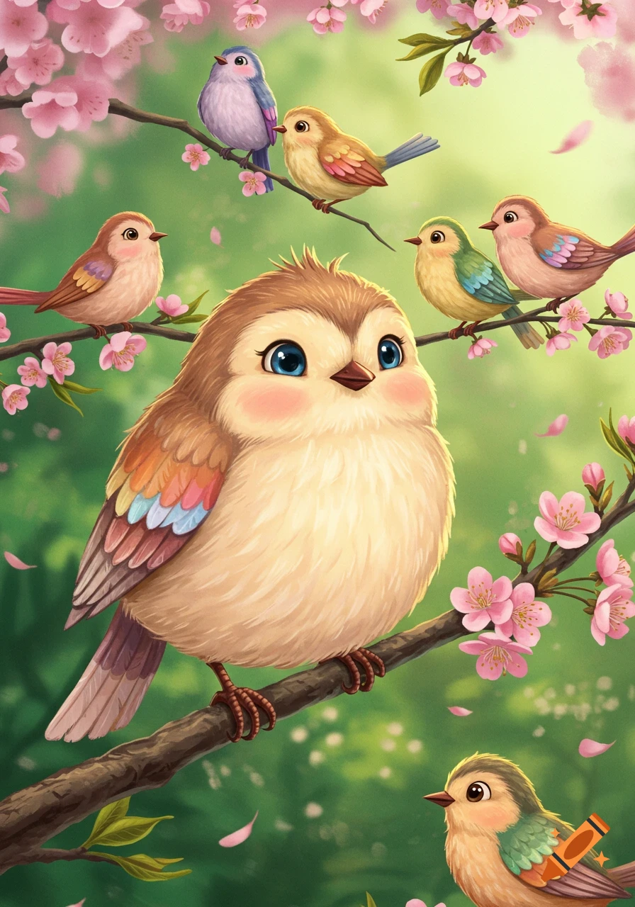 A cute, plump cartoon bird with blue eyes sits on a branch among pink cherry blossoms, with several smaller birds in the background.