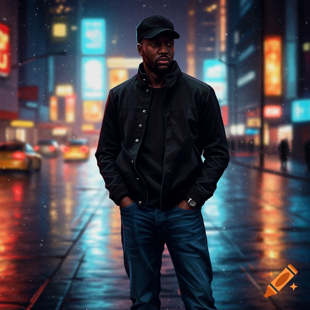 A man in a black cap, black jacket, and blue jeans stands with hands in pockets on a wet city street at night, with blurred neon lights in the background.
