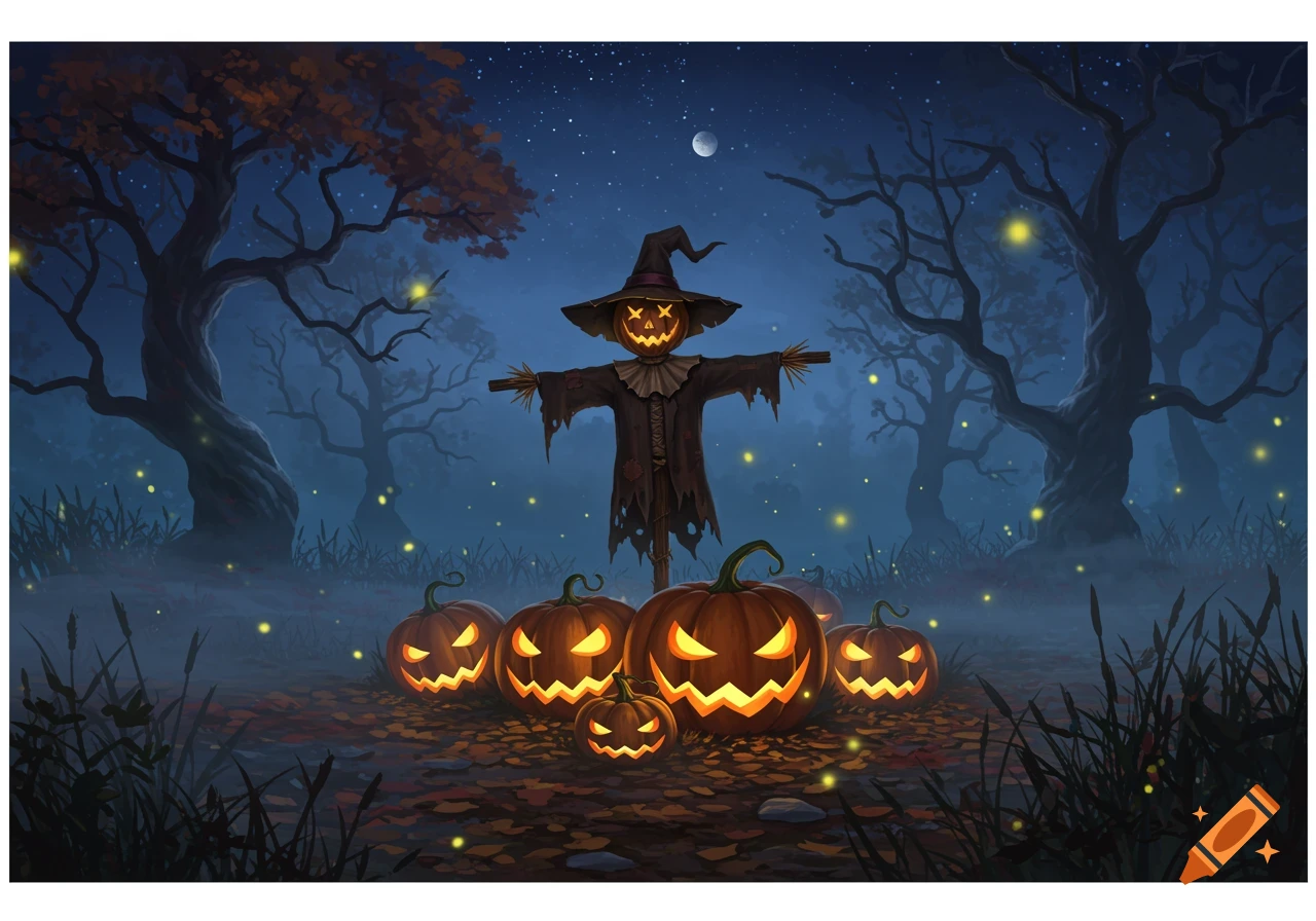 A spooky scarecrow with a pumpkin head stands among glowing jack-o'-lanterns in a misty, dark forest at night.