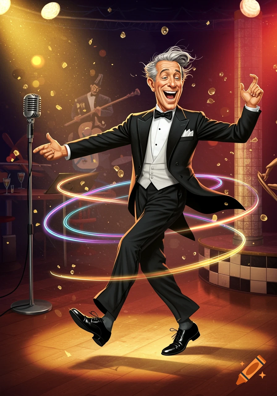 A man in a tuxedo dances energetically on a stage under a spotlight, with a microphone and a bassist in the background.