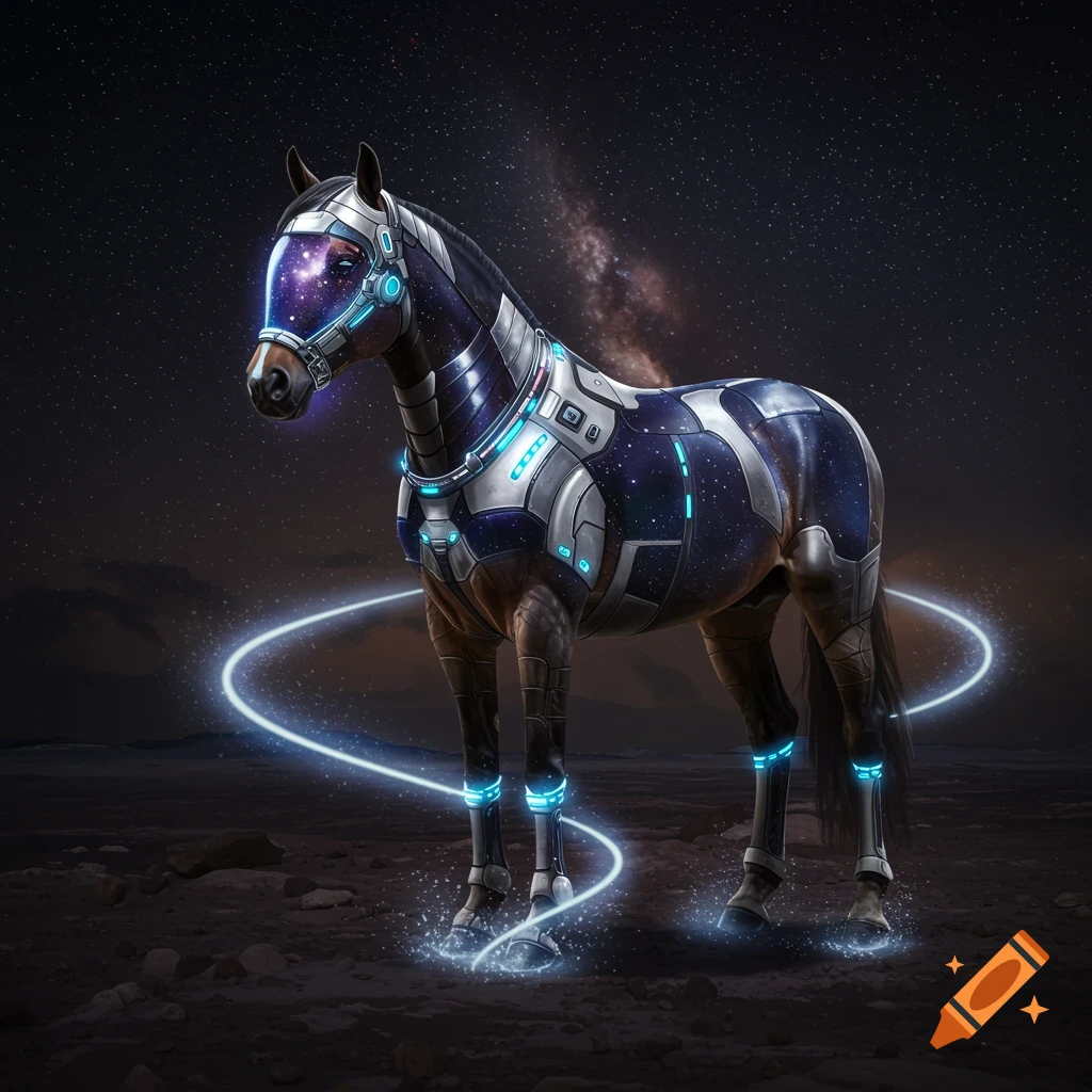 A horse wearing a futuristic, armored space suit with glowing blue lights stands under a starry night sky.