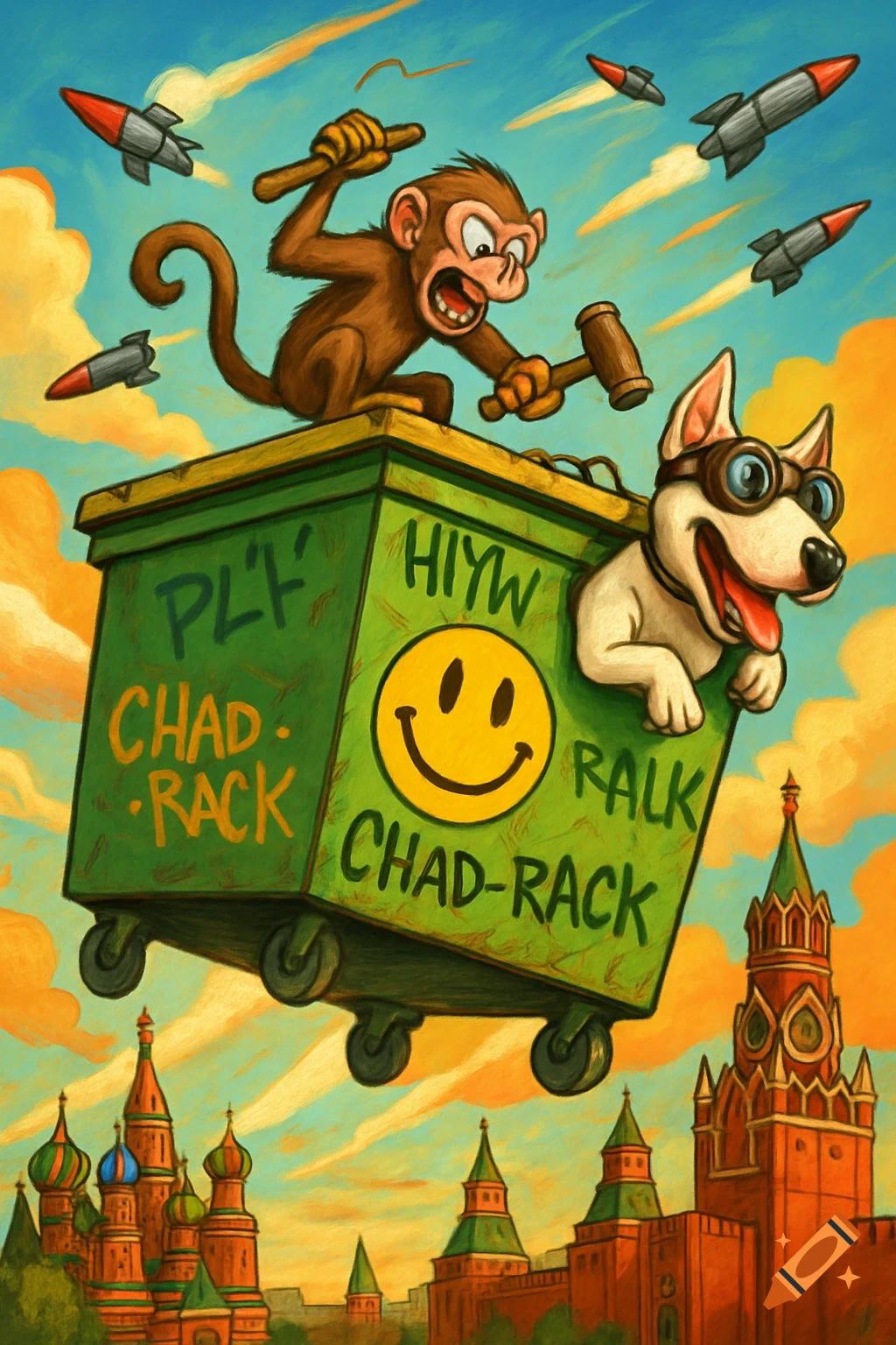 A cartoon monkey with hammers and a dog in goggles fly on a green dumpster with graffiti over stylized Russian architecture, with rockets flying in the sky.