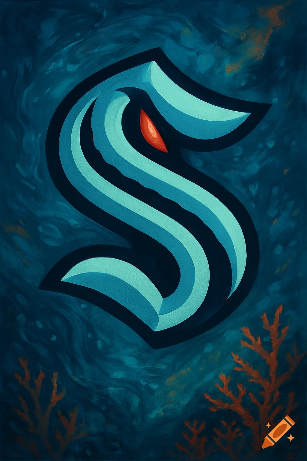 A stylized teal and dark blue S logo with a red eye, like the Seattle Kraken emblem, set against a dark, textured blue background with orange coral.