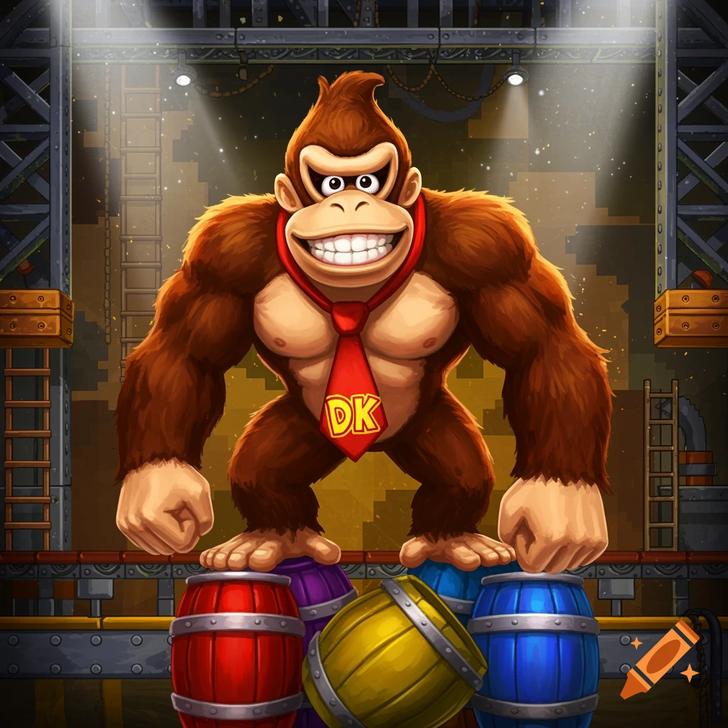 A large brown ape, Donkey Kong, with a red DK tie, stands on colorful barrels in a factory setting.