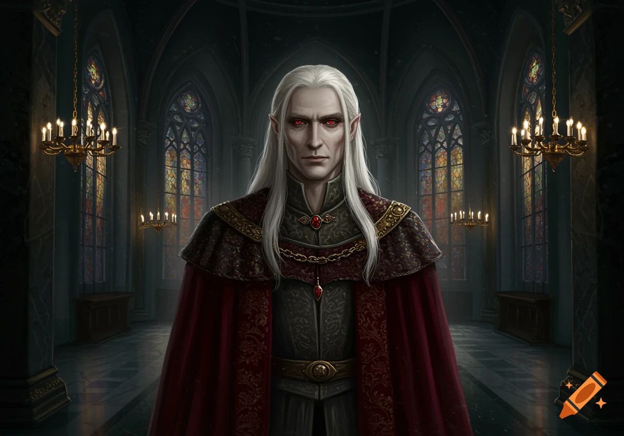 A solemn male character with long white hair, pointed ears, and red eyes wears a red and black ornate cape, standing in a dark gothic hall with stained glass windows.