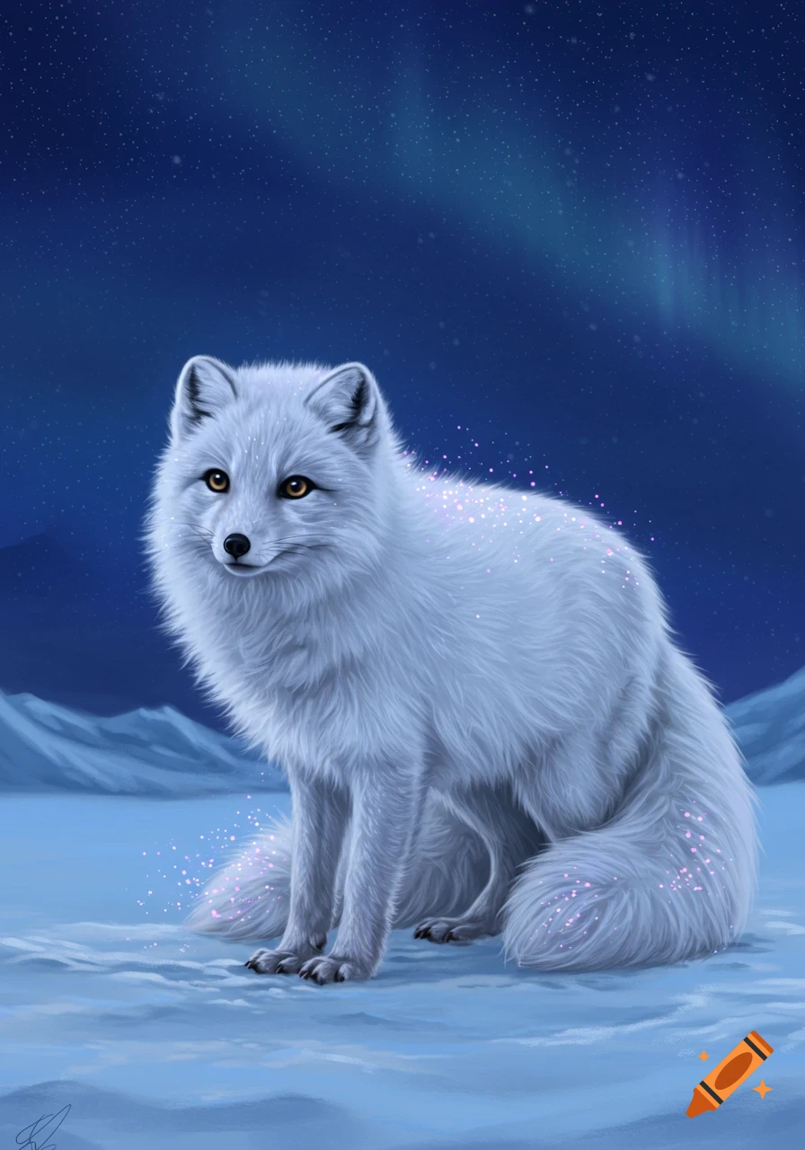 A white arctic fox sits in a snowy landscape under a starry night sky with aurora borealis and violet sparkles on its fur.