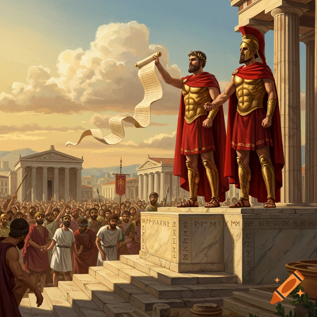 Two armored kings on a pedestal, one holding a long scroll, address a large crowd in an ancient city with classical architecture under a cloudy sky.