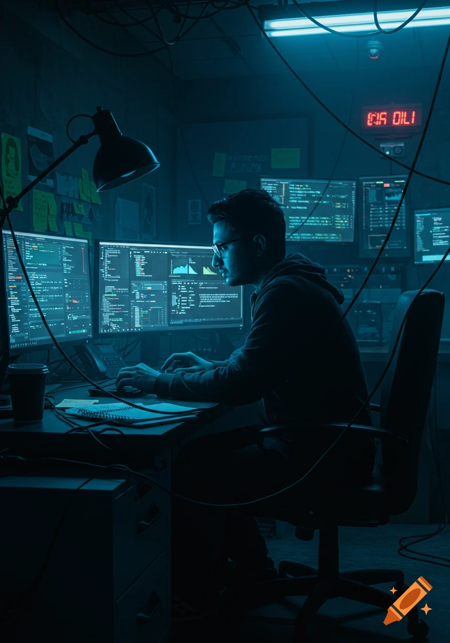 A person wearing glasses and a hoodie sits in a dark room, typing on a keyboard at a desk with multiple computer monitors displaying code and graphs in a blue light.
