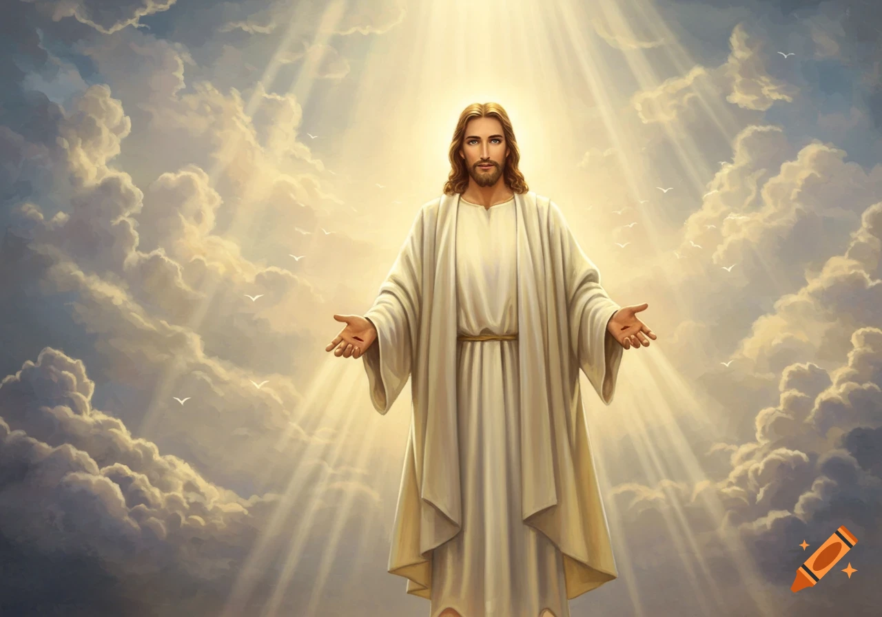 Jesus stands with arms outstretched amidst golden clouds, bathed in divine light, with small white birds flying in the background.