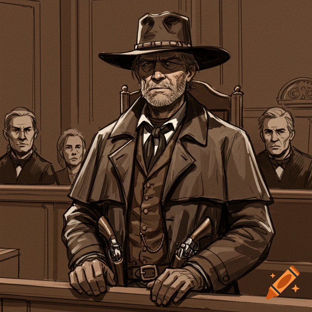 A court sketch style illustration of a grizzled middle-aged gunslinger in a courtroom, holding onto a wooden railing.