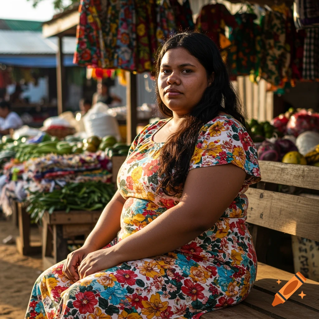 A woman in a floral dress sits on a wooden bench at an outdoor market, looking toward the camera.