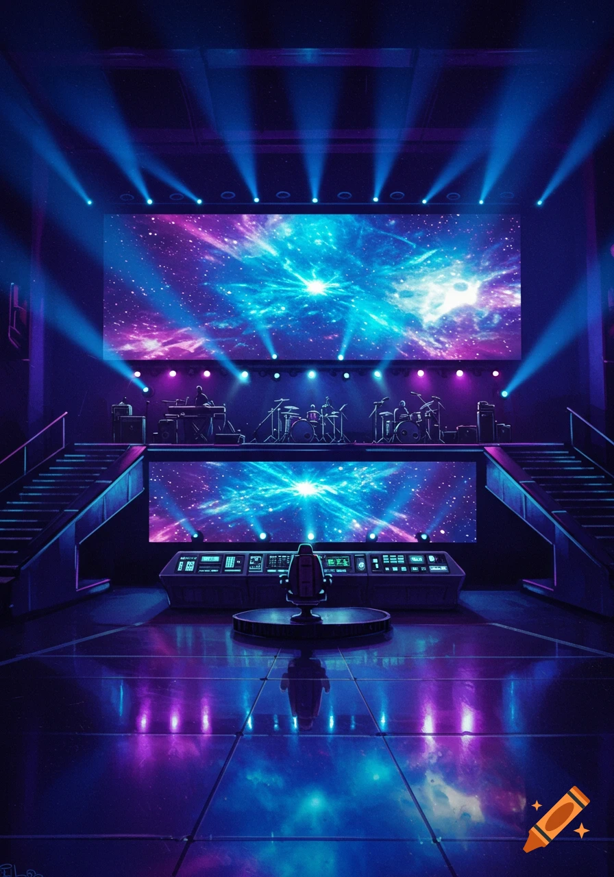 A futuristic stage with blue and purple lighting, featuring a band and galaxy projection screens on an upper level, and a captain's cockpit below.