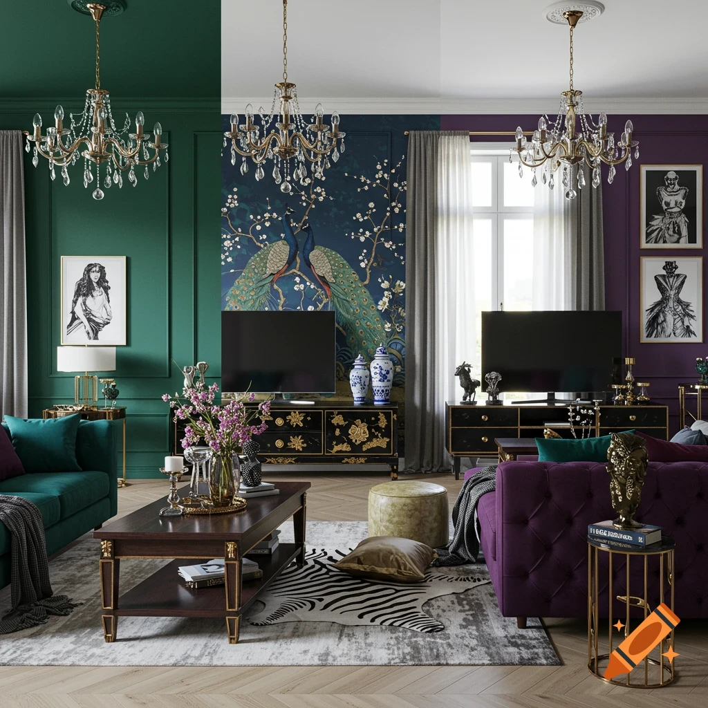 A photorealistic rendering of a living room split into three distinct interior design styles: emerald, chinoiserie, and purple eclectic.