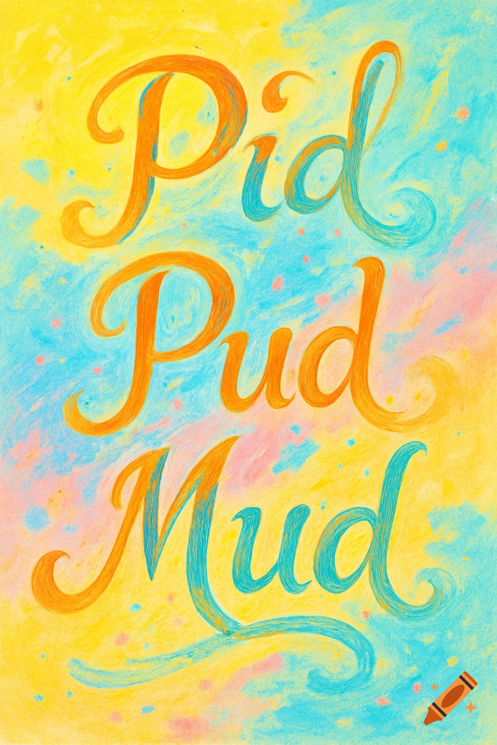 Stylized orange and blue words 'Pid Pud Mud' on a vibrant yellow, blue, and pink abstract background, resembling a crayon or colored pencil drawing.