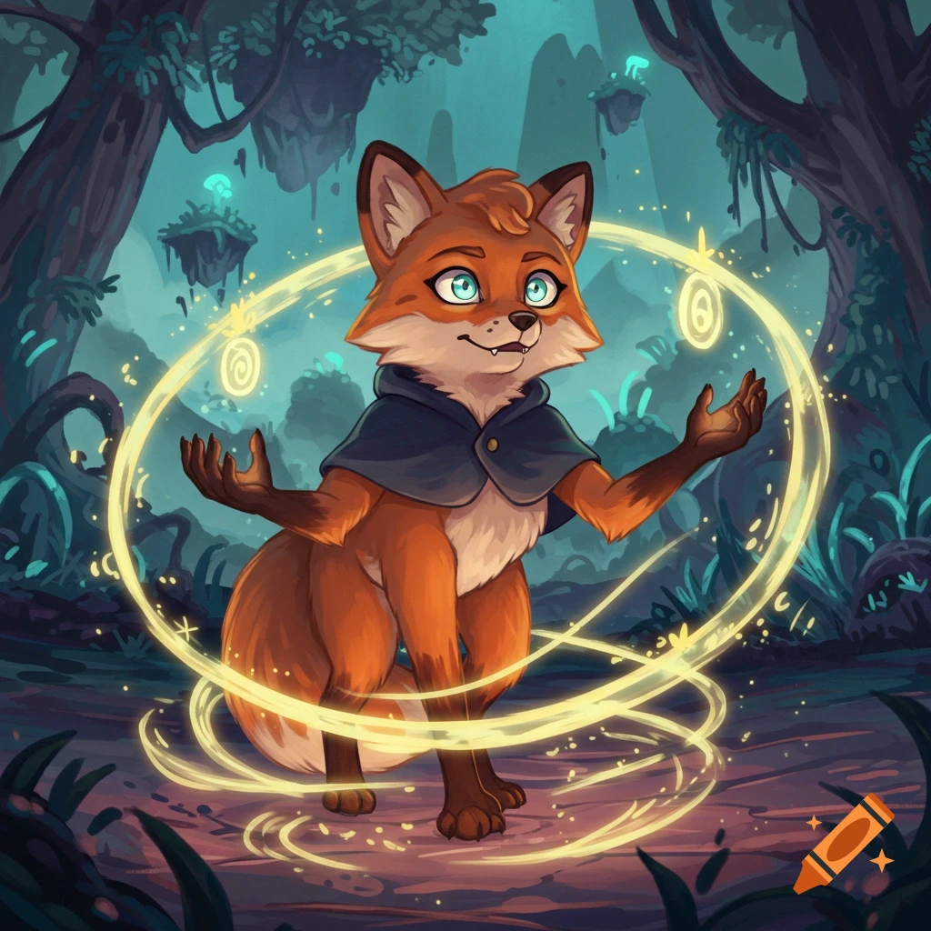 A cartoon fox with blue eyes and a dark cloak stands in an enchanted forest, surrounded by swirling yellow magic.