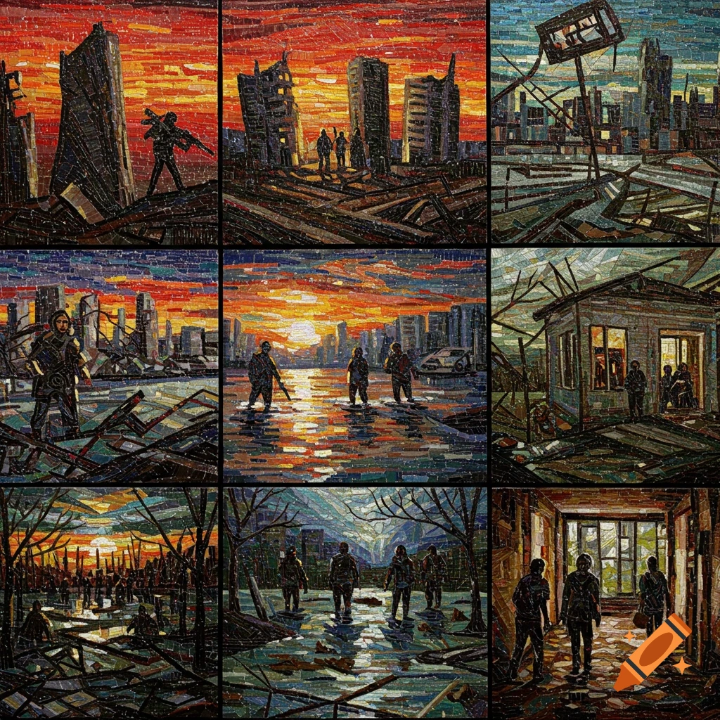 A mosaic depicting multiple scenes of apocalypse survivors in a ruined, flooded city at sunset.