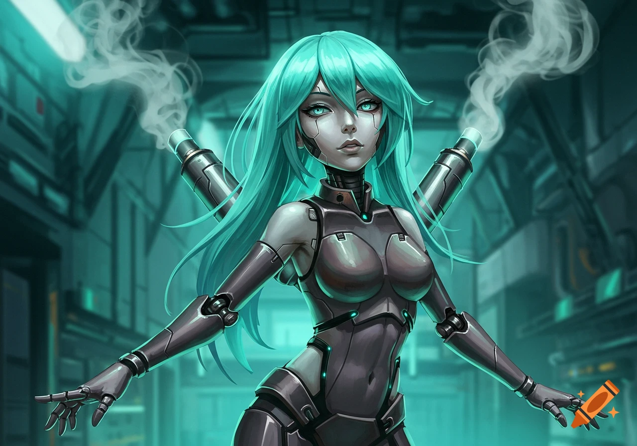 A mint-haired female android in a metallic suit with exhaust pipes smoking from her back, in a futuristic setting.