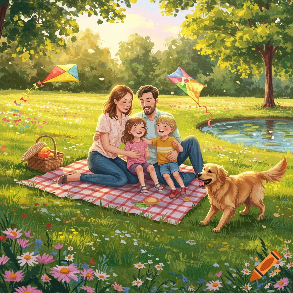 A happy family, parents and two children, have a picnic on a checkered blanket in a sunny park with their golden retriever, surrounded by flowers and flying kites. Illustrated style.