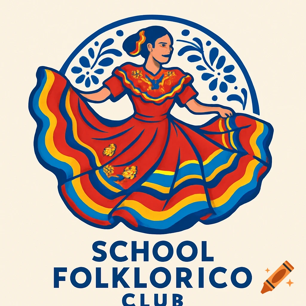 Vector logo of a woman in a colorful folklorico dress dancing, with a blue talavera pattern border and 'SCHOOL FOLKLORICO CLUB' text.