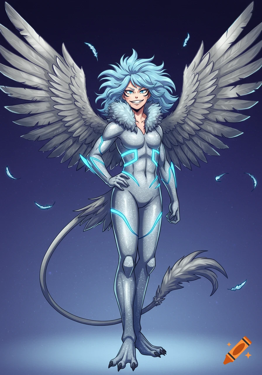 An anime-style character with light blue hair, large wings, and a tail, wearing a silver and blue hero costume, with a fierce, excited expression.