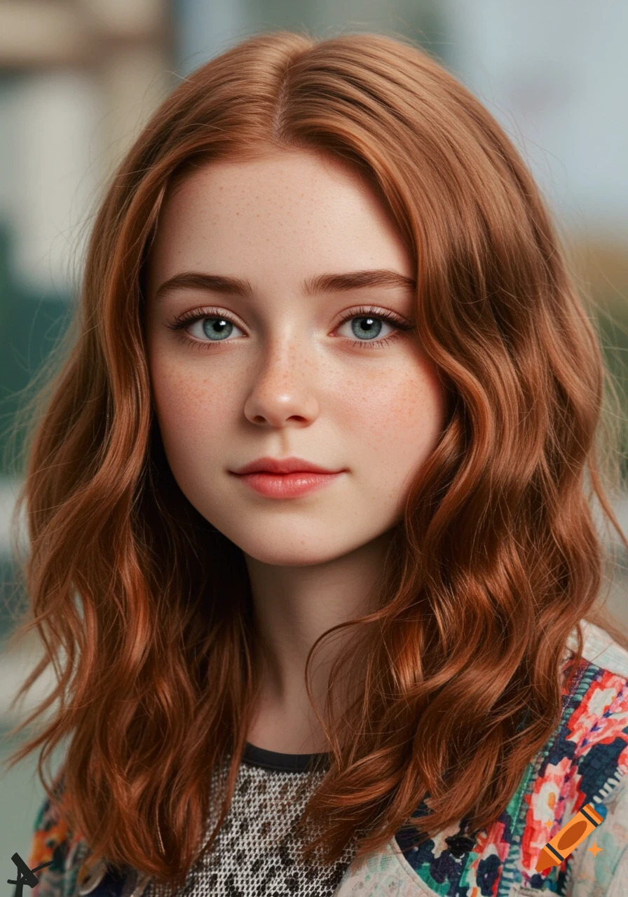 Close-up photorealistic portrait of a young girl with red wavy hair and blue eyes, looking at the viewer.