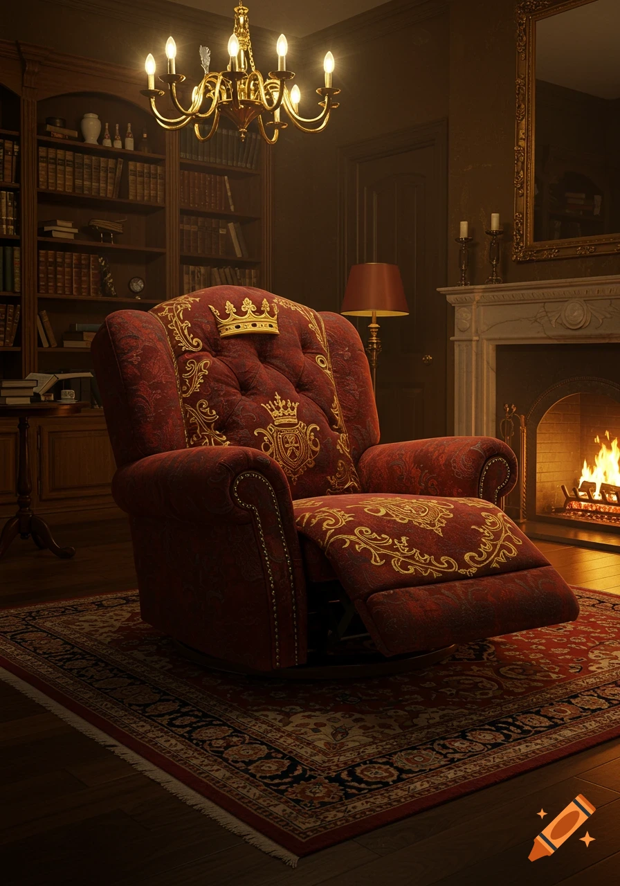 A grand red velvet recliner with gold embroidered patterns and a crown sits in a luxurious, dark wood library with a fireplace.