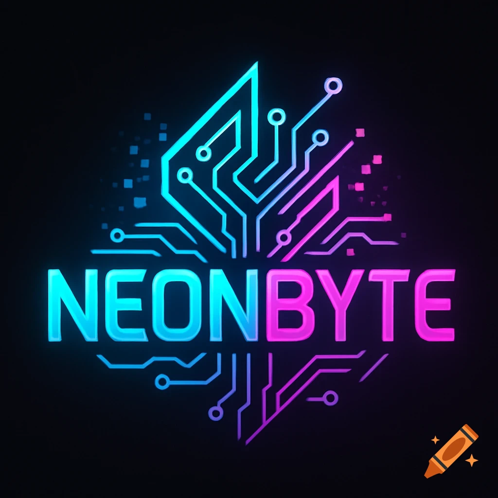 A neon blue and pink logo for 'NEONBYTE' featuring glowing circuit board lines on a dark background.