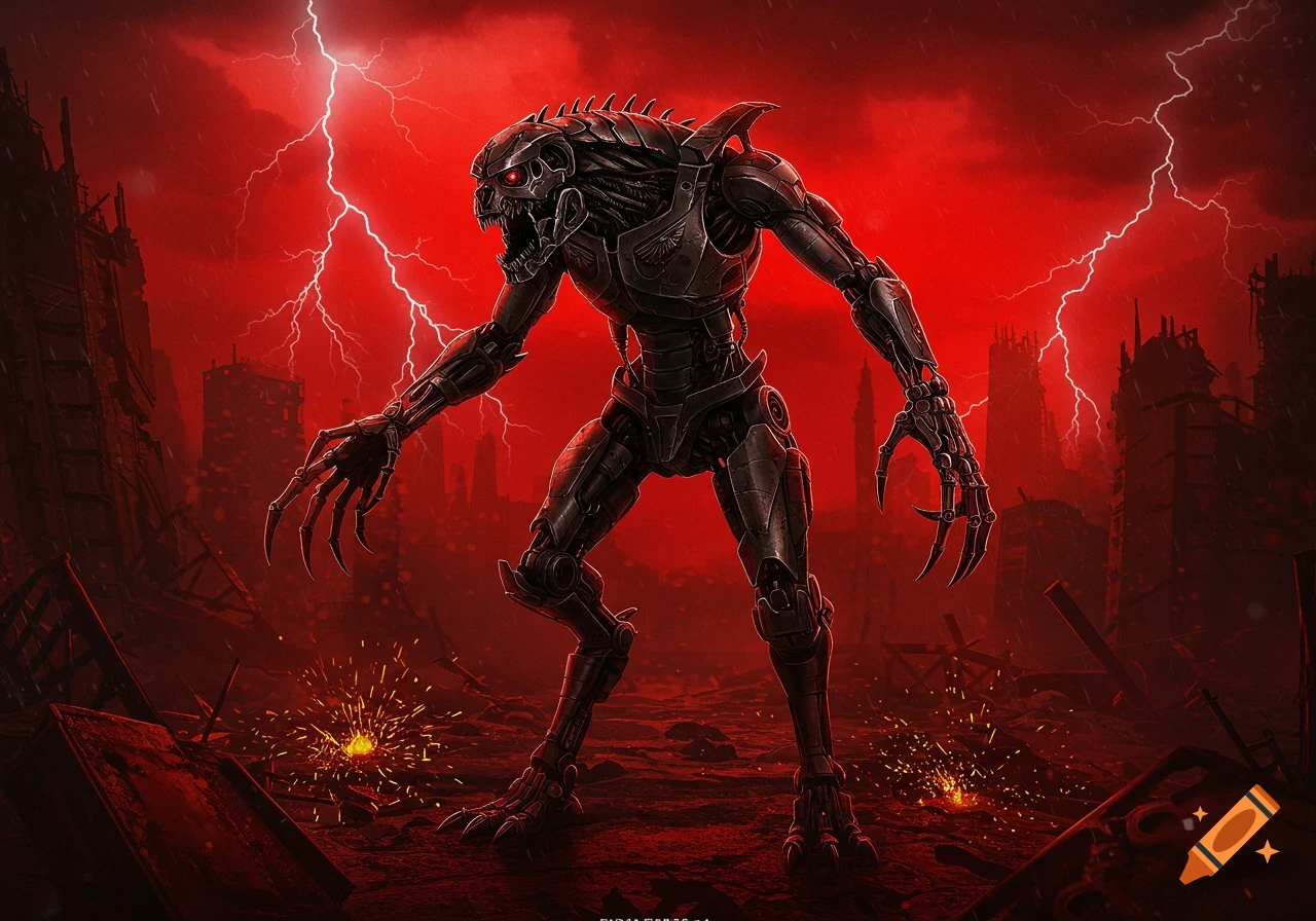 A menacing, dark metal robot with sharp claws and glowing red eyes stands in a destroyed city under a red sky with lightning.