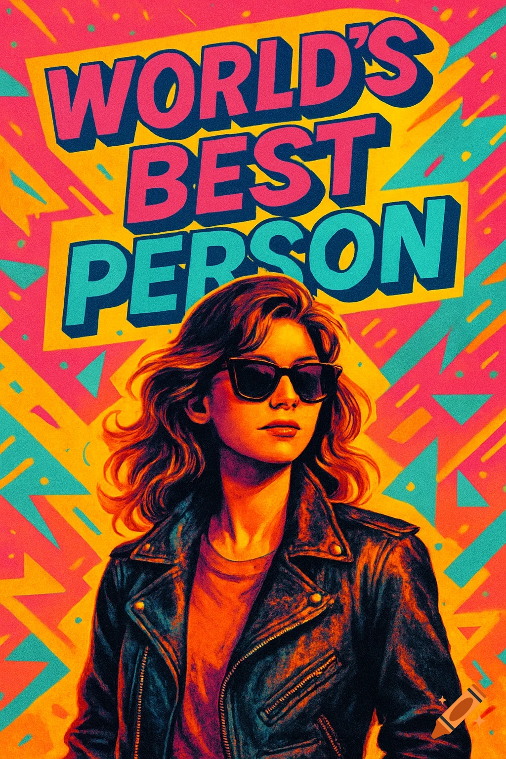 A vibrant retro-style pop art poster featuring a cool person in sunglasses and a leather jacket, with the text 'WORLD'S BEST PERSON'.