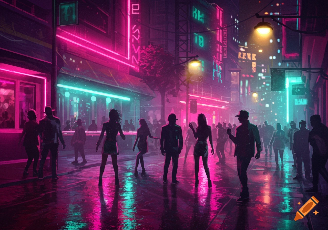 A bustling street scene at night, illuminated by vibrant pink and blue neon lights reflected on a wet ground, with silhouetted figures of people walking.