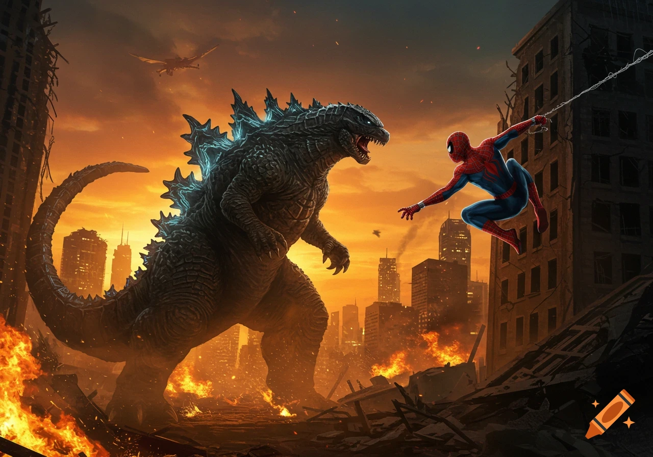 Godzilla and Spider-Man confront each other in a destroyed city at sunset, surrounded by flames and rubble in a detailed illustration.