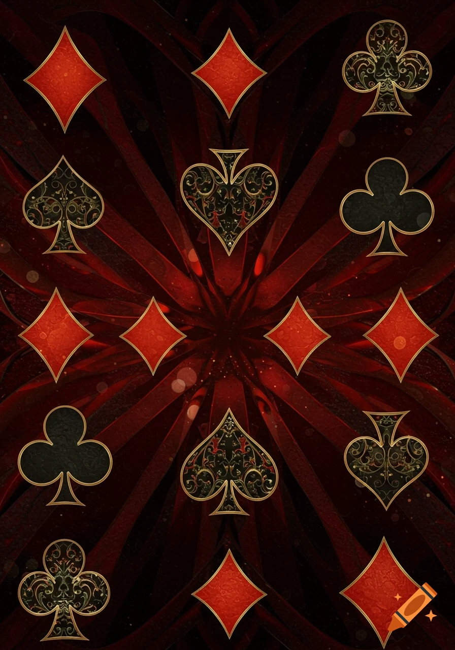 A dark red and black abstract background with ornate gold-outlined playing card symbols including diamonds, spades, hearts, and clubs.