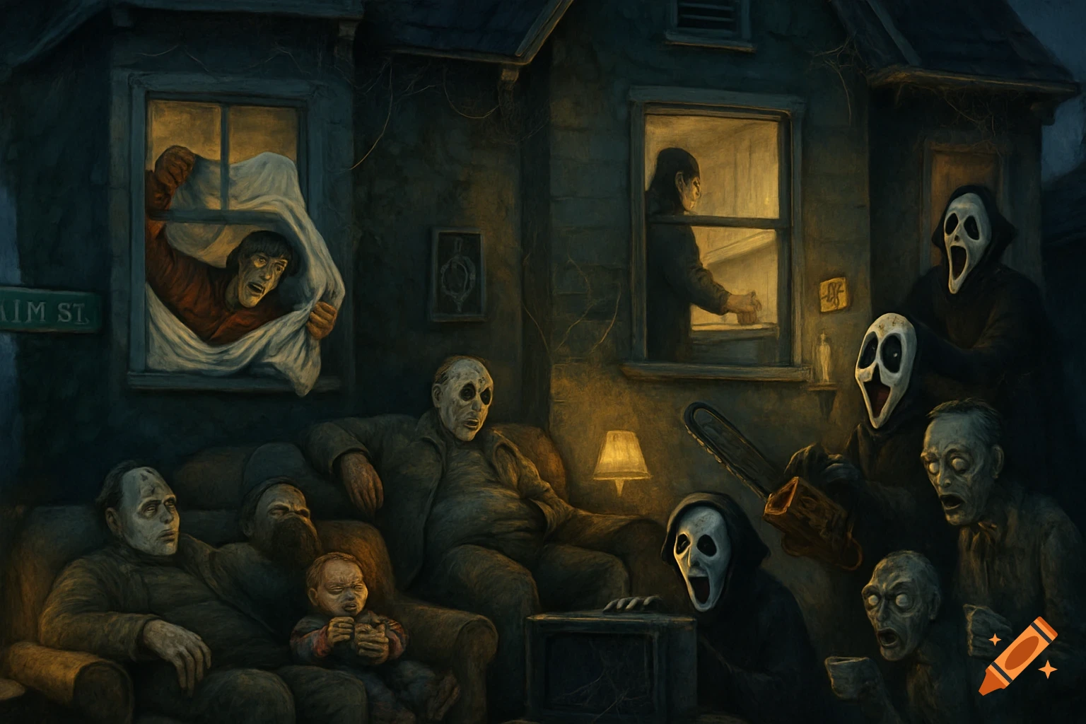 A group of stylized horror figures, including Ghostface-like characters and zombies, inside a dimly lit house, some watching TV, others looking out windows.