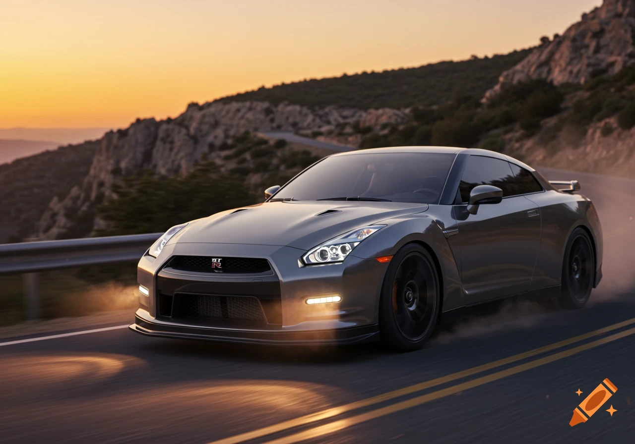 A grey Nissan GT-R R35 sports car drives on a winding mountain road at sunset, with dust trailing behind.
