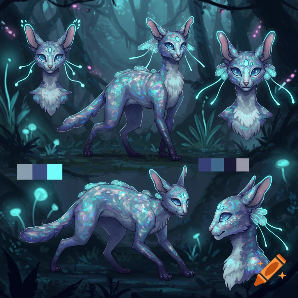Reference sheet of a glowing, blue alien feline creature with large ears and tendrils, in a mystical dark forest with luminous mushrooms.