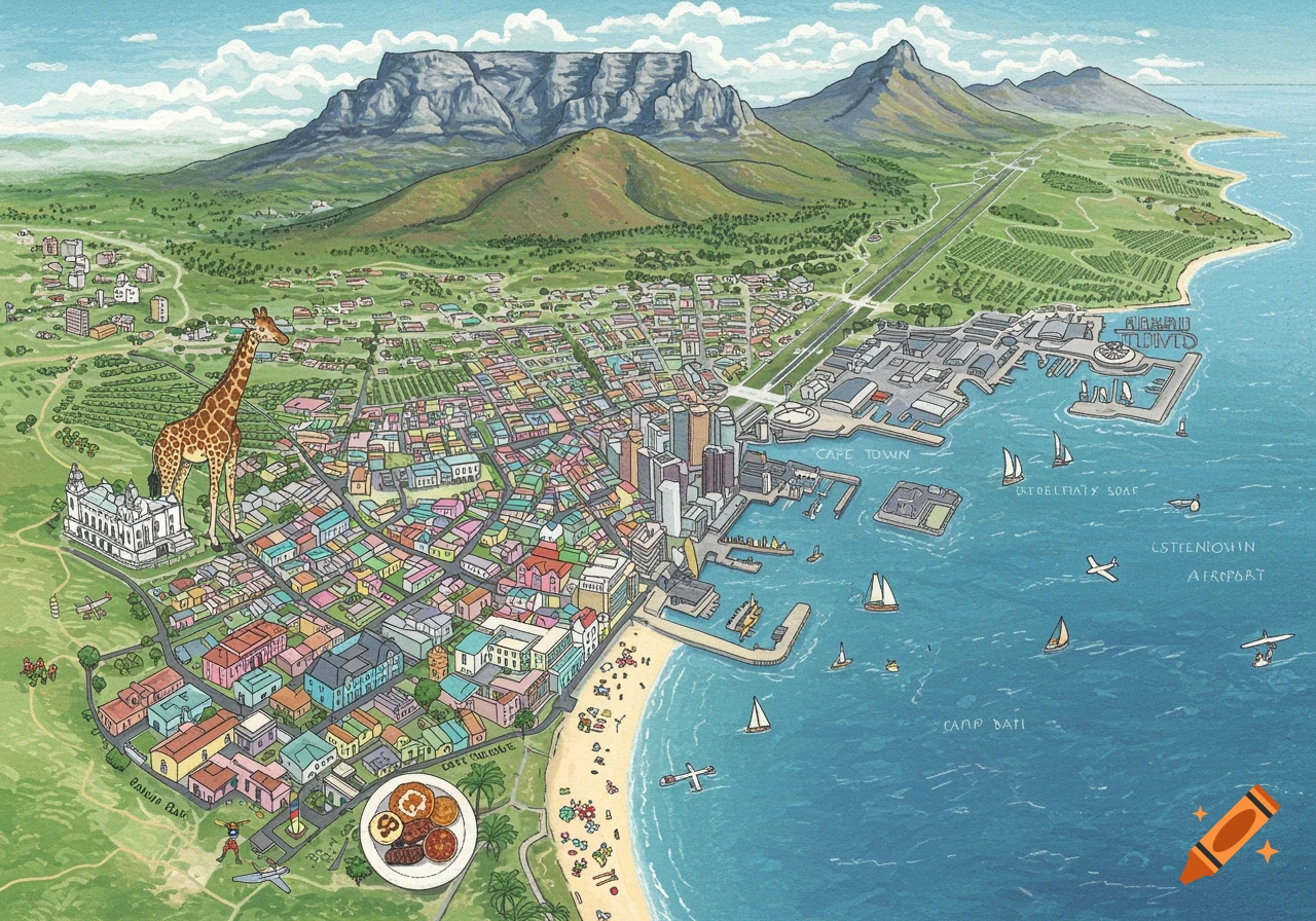An illustrated pastel colorful map of Cape Town, showing Table Mountain, city buildings, waterfront, beach, a large giraffe, and a plate of food.